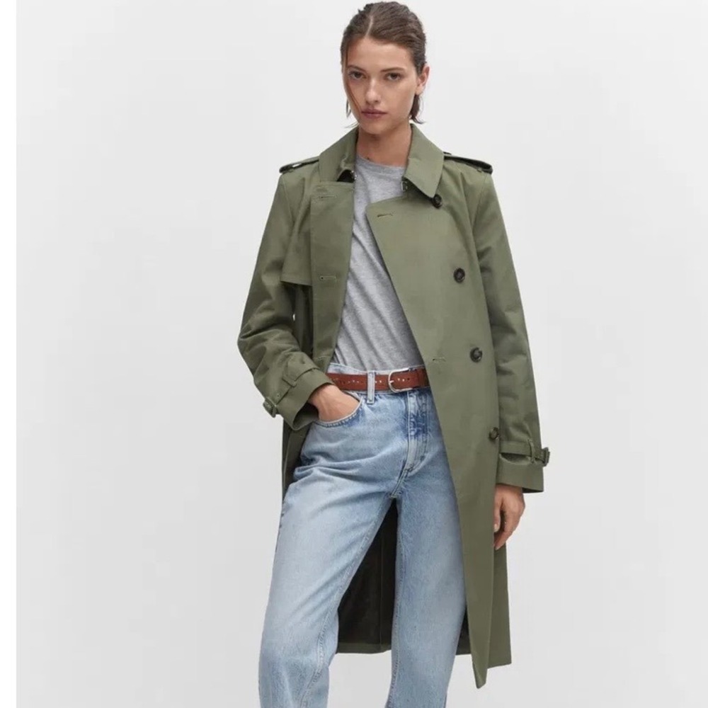NWOT Mango MNG Women's Olive Green Double Breasted Belted Trench Coat Size M